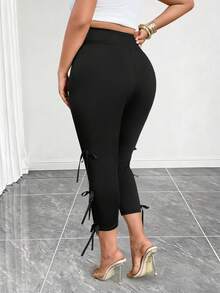 Elenzga Plus Size Women's Solid Color High Waist Drawstring Casual Cropped Leggings - Black - View 5