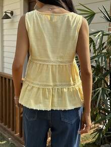 Strévra 100%纯棉蕾丝拼接纯色V领收腰度假背心，女士款，黄色，夏季 - 淡黃色 - 查看 2