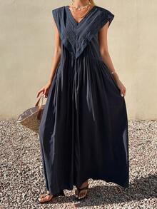 Livesso Đầm midi màu trơn, thanh lịch, phối ren, thích hợp cho kỳ nghỉ hè, dự tiệc, du lịch, thích hợp cho mùa hè. - Màu xanh hải quân - Xem 3