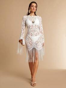 Silquee 女士度假沙滩薄纱蕾丝流苏下摆迷你连衣裙 - 白色 - 查看 3
