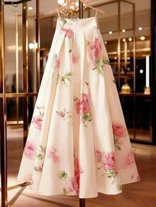 女士优雅玫瑰印花半身裙，百搭实用，适合通勤、约会、时尚、复古、商务、情人节等场合，米色底色搭配红色玫瑰图案，春、夏、秋、冬四季皆宜。 - 粉色 - 查看 3