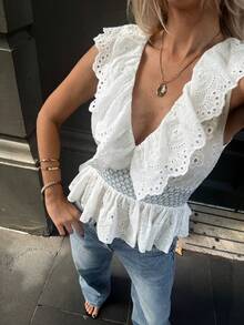 Elyressa Women's Summer Vacation Patchwork Ruffle Hem Embroidered Sleeveless Blouse - White - View 6