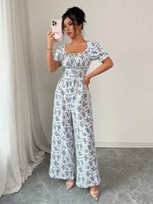 Rafferiza 女士优雅度假风束腰花瓣袖印花连体裤 - 藍色 - 查看 5