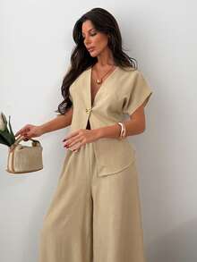 Women Two Pieces Vest And Pant Suit Sets - Beige - View 7