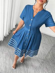 SHEIN Elenzya Vestido de verano elegante y de gran tamaño tejido al estilo francés para mujer - Azul - Ver 4