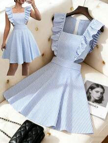 Elenzga Women's Casual Commuter Striped Ruffle Hem Sleeveless Dress, Summer - Blue and White - View 1