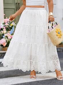 Breezaya Plus Size Women's Hollow Embroidered Skirt, White Long Skirt, High Waist Elastic Long Pleated Skirt, Bohemian Style Dress, Sundress, Beach Outfit, Spring/Summer Clothing - White - View 5