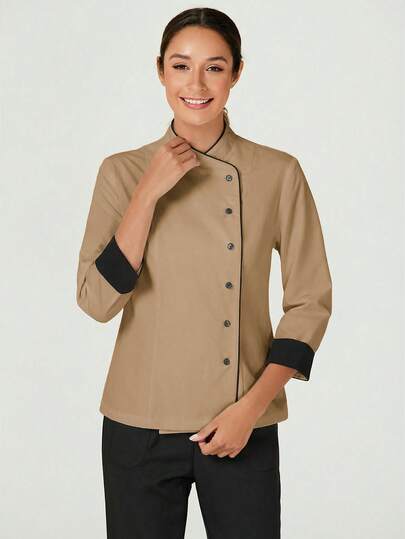 TaskEZ Women's Contrast Color Button-Up Collar Long Sleeve Work Uniform Chef Jacket In 3- 4th Sleeve For Women