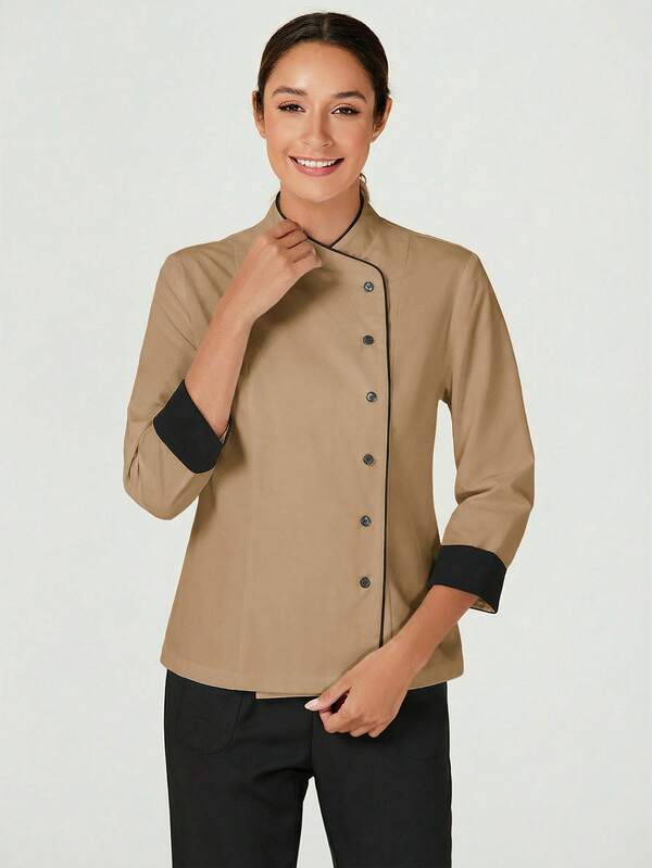 TaskEZ Women's Contrast Color Button-Up Collar Long Sleeve Work Uniform Chef Jacket In 3- 4th Sleeve For Women