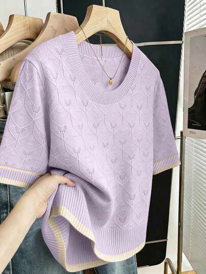 SHEIN Clasi Áo kiểu nữ thường ngày, đơn giản, phù hợp đi làm, ngày Valentine, phong cách đường phố, đa năng, công sở, thanh lịch, trí thức, cổ tròn, kẻ sọc, dáng suông, tay ngắn, phối màu, màu mơ, dáng rộng, dáng thẳng, áo chui đầu, cỡ lớn, áo dệt kim, mùa xuân hè