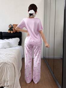 SHEIN 可爱女孩蝴蝶结印花短袖长裤女士睡衣套装 - 彩色 - 查看 2