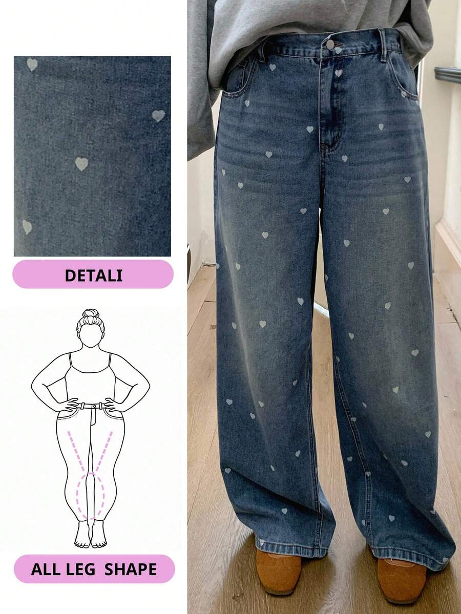 Dazy Plus Heart Print Floral Loose Straight Leg Distressed Washed Long Denim Jeans, All Season - Medium Wash - View 1