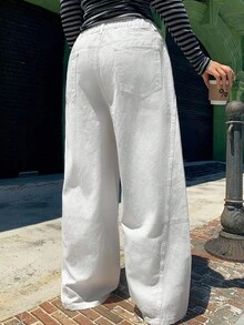 Dazy Plus 大码女式直筒长款白色牛仔裤，四季休闲 - 白色 - 查看 10