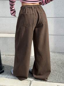 Dazy Plus Celana Jeans Wanita Model Lurus dengan Desain Vintage, Celana Panjang Longgar Kasual Hingga Mata Kaki, Ukuran Besar - Coklat - View 2