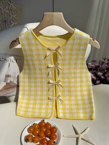 Comfortcana Women's Pale Yellow Plaid Bow Accent Knit Top - Pale Yellow - View 3