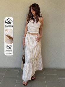 Livesso Cream White Summer Casual Elegant Picnic Vacation Holiday Textured Plaid Cropped Top & High-Low Hem Skirt 2-Piece Set For Women, Lounge Sets - Pink - View 1