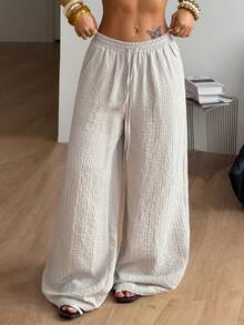 Coolane 卡其色梭织女式抽绳腰阔腿宽松裤 - 卡其色 - 查看 4