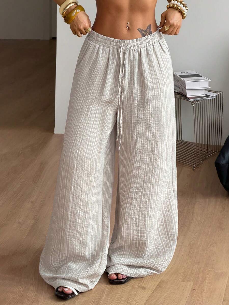 Coolane Khaki Woven Women's Drawstring Waist Wide Leg Loose Pants - Khaki - View 1