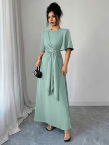 Elenzga Đầm maxi dài tay dáng chữ A cổ tròn thắt dây chéo màu trơn thanh lịch dành cho nữ, thích hợp cho mùa xuân, thu, đông, đi làm, nghỉ mát, tiệc trà chiều, dự tiệc. Đầm nữ, đầm công sở, đầm nữ chất lượng cao, đầm thường ngày dành cho nữ. - Màu xanh bạc hà - Xem 6