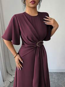 Elenzga Elegantes, lässiges Pendler-/Urlaubskleid mit rundem Ausschnitt, Kreuzband-Bindung, Metallschnalle in Taillenhöhe, A-Linie, Langarm mit Glockenärmel, Maxikleid, Frühling/Herbst/Winter, formelles Kleid, burgunderrotes Kleid, Damenkleid, Maxikleider, elegantes, klassisches Damenkleid - Rot-violett - Übersicht 3