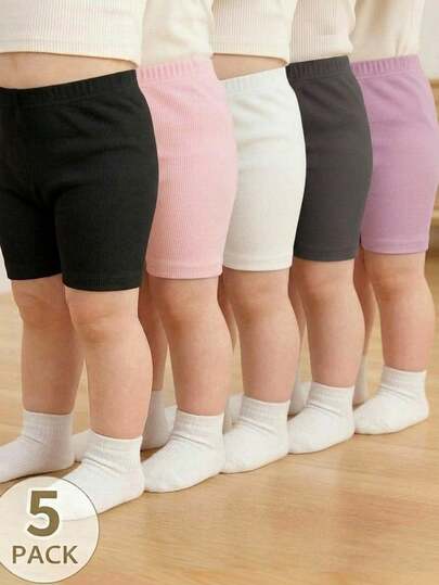 SHEIN Playful Pals 5pcs/Set Baby Girls' Casual Cute Sports Shorts Leggings, Comfortable Multi-Color, Suitable For Daily Wear, Indoor & Outdoor