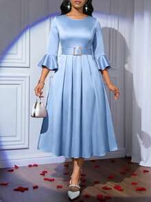 SHEIN Lady Women's Blue Round Neck Flare Sleeve Elegant Mid-Length Dress - Blue - View 4