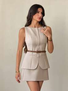 SHEIN Tall Elegant Solid Color Fitted Vest And Short Skirt Suit, Suitable For Daily Commute In Fall/Winter - Beige - View 11