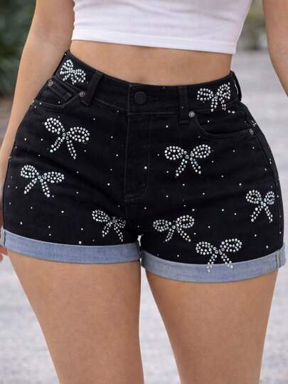Shorts Vaqueros Elásticos con Aplicaciones de Moños Brillantes y Dobladillo