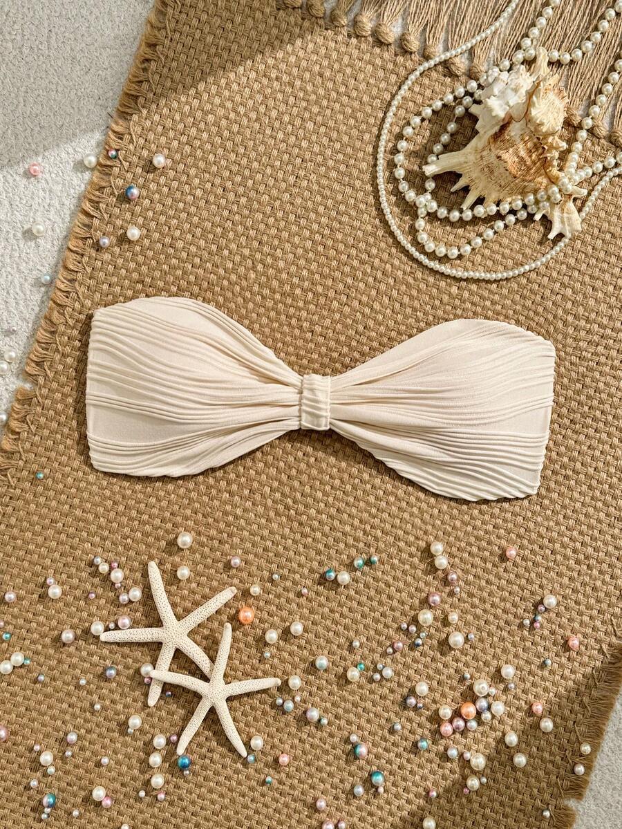 SHEIN Swim Vcay 女士夏季沙滩纯色纹理抹胸比基尼上衣 - 米色 - 查看 1