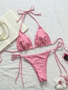 Swim Mod Pink Polka Dot Halter Tie Side Bikini Set In Swimwear Fabric Short Length With Tie Back Details - Multicolor - View 1