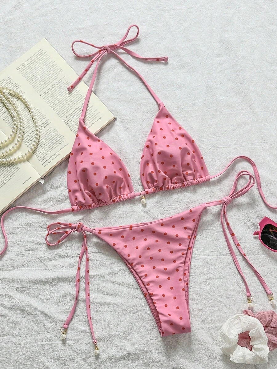 Swim Mod Pink Polka Dot Halter Tie Side Bikini Set In Swimwear Fabric Short Length With Tie Back Details - Multicolor - View 1