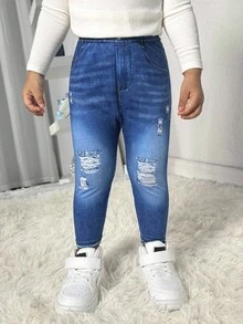 Bubblio Babygirl Cute Versatile Casual Knit Blue Elastic Waist Pants - Blue - View 3