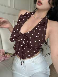 Celisse Elegant French Polka Dot Backless Halter Neck Ruffle Hem Camisole - Multicolor - View 4