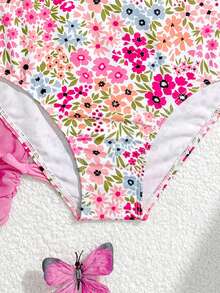 SHEIN Tween Girls 3-Piece Bikini Set,Cute White Ditsy Floral Ruched Crop Top,Adjustable Straps,Triangle Bottoms,Ruffled Sarong Skirt,Summer Vacation Holiday - Multicolor - View 4