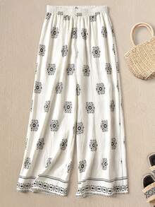 Rusticease Pantalones casuales de pierna ancha con cintura elástica y estampado floral para mujer - Multicolor - Ver 2