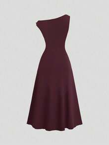 Sweetra Rochie elegantă de vară pentru femei, model primăvară/vară, tricotată, casual, cu umeri goi, cu două căi, cu decor metalic cu cataramă - roșu - Vizualizare 2