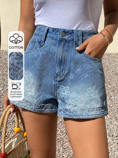 DAZY Women's Distressed Denim Shorts, Blue Textured Pattern, Casual Beach Holiday Vacation Jorts