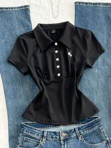 Flirla Damen Polokragen Taille Kordelzug Kontrast Farbe Besticktes Logo T-Shirt, Frühling/Sommer - Schwarz - Übersicht 3