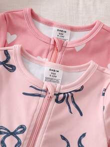 2件套女婴碎花长袖连体衣和打底裤贴身家居服套装，女婴睡衣拉链休闲连体衣 - 粉色 - 查看 6