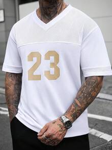 Manfinity Homme Men's White V-Neck Mesh Short Sleeve Sports T-Shirt,Summer Streetwear City Break White And Gold Basketball Jersey Football Tshirt With Numeric Print - White - View 5
