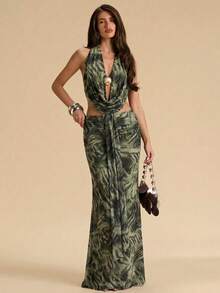 SHEIN BAE 女士花卉印花金属扣装饰上衣和褶皱花卉印花中长裙套装，度假两件套，适合海滩、度假村、音乐节等场合。 - 綠色 - 查看 5