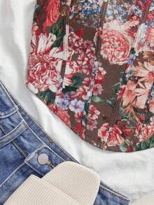 SHEIN VCAY 夏季大码优雅印花吊带背心 - 棕色 - 查看 3