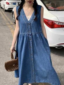 FRIFUL Vestido vaquero casual sin mangas con botones delanteros, para primavera/verano - Azul - Ver 8