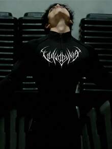 GymBeat Men's Gothic Style Printed Stand Collar Sports T-Shirt - Black - View 1