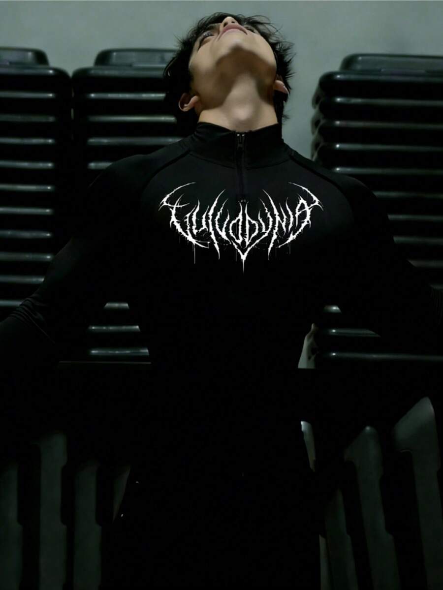 GymBeat Men's Gothic Style Printed Stand Collar Sports T-Shirt - Black - View 1