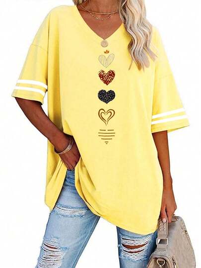 EMERY ROSE Elegant Plus Size V Neck T-Shirt With Gold Heart Print And Striped Sleeves - Women's Casual Black T-Shirts, Womenswear