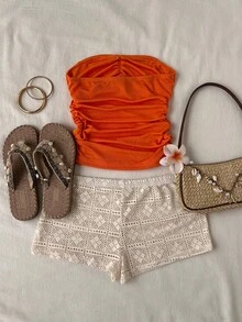 Sweetra Women's Orange Pleated Strapless Crop Top & Hollow Embroidered Shorts Set, Sweet & Sexy Beach Vacation Style, Bohemian Vibe, Spring/Summer - Yellow - View 2