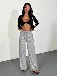 SHEIN PETITE 女士休闲针织条纹宽松阔腿长裤，舒适时尚，日常通勤 - 黑色 - 查看 5