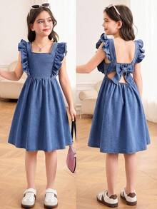 SHEIN Große Größen Denim Kleid für den Sommer, Denim Kleid mit Kreuzrücken, ärmellos, Schleife, Frühling/Sommer, Tween-Mädchen Sommer Strand Boho Musik Festival Outfit, Sommerkleid Musik Festival Straßenparty Outfit - Blau - Übersicht 5