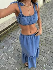 Sunnyshic 女士休闲度假牛仔露脐上衣和迷你裙套装 - 藍色 - 查看 1